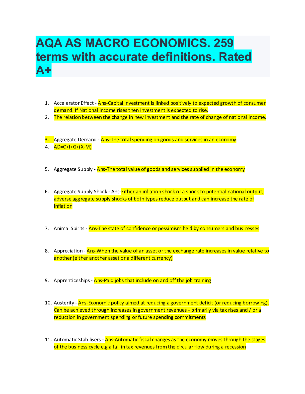 Preview image for AQA AS MACRO ECONOMICS. 259 terms with accurate definitions. Rated A+